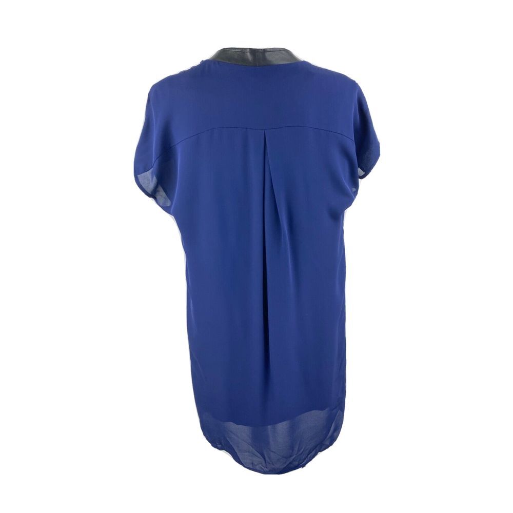 Vince Silk Tunic Dress Cap Sleeve V Neck Mini Blue Lamb Leather Trim Popover S - Picture 5 of 10